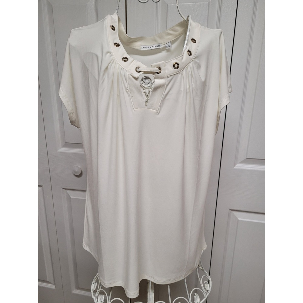 Womens Ivory Summer Knit Rhinestone Festive Party Stretch Blouse Size L